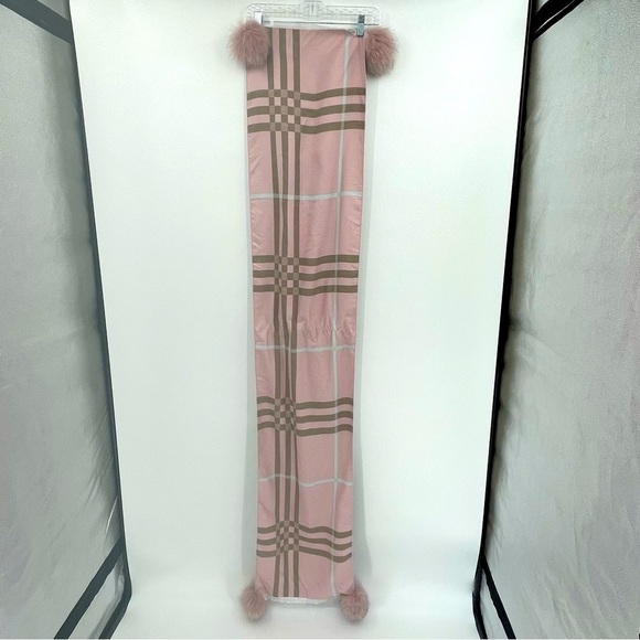 Peter Glenn Reversible Plaid Scarf Wrap w/ Fox Fur Pom-poms - Picture 2 of 7